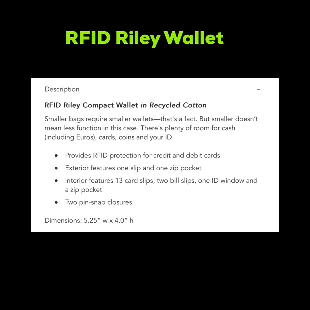 Vera Bradley RFID Riley Compact Wallet in Recycled Cotton Plants NWT - Picture 10 of 10